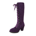 Botte femme mi-mollet violet en suède à lacets croisés, talon carré.