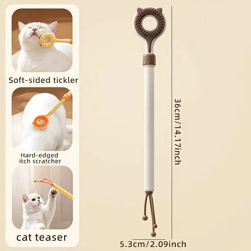 Grattoir rétractable et masseur double face pour chat – 2 en 1, manche blanche et tête ronde marron à picots