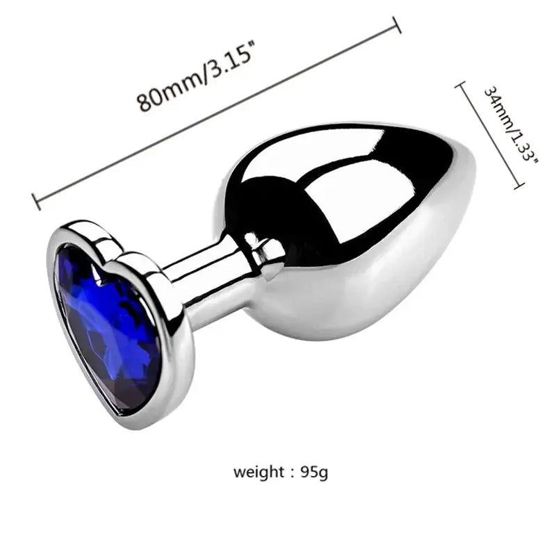 Plug anal en métal argenté avec cristal bleu, LSDLBoutique - set de 3 tailles