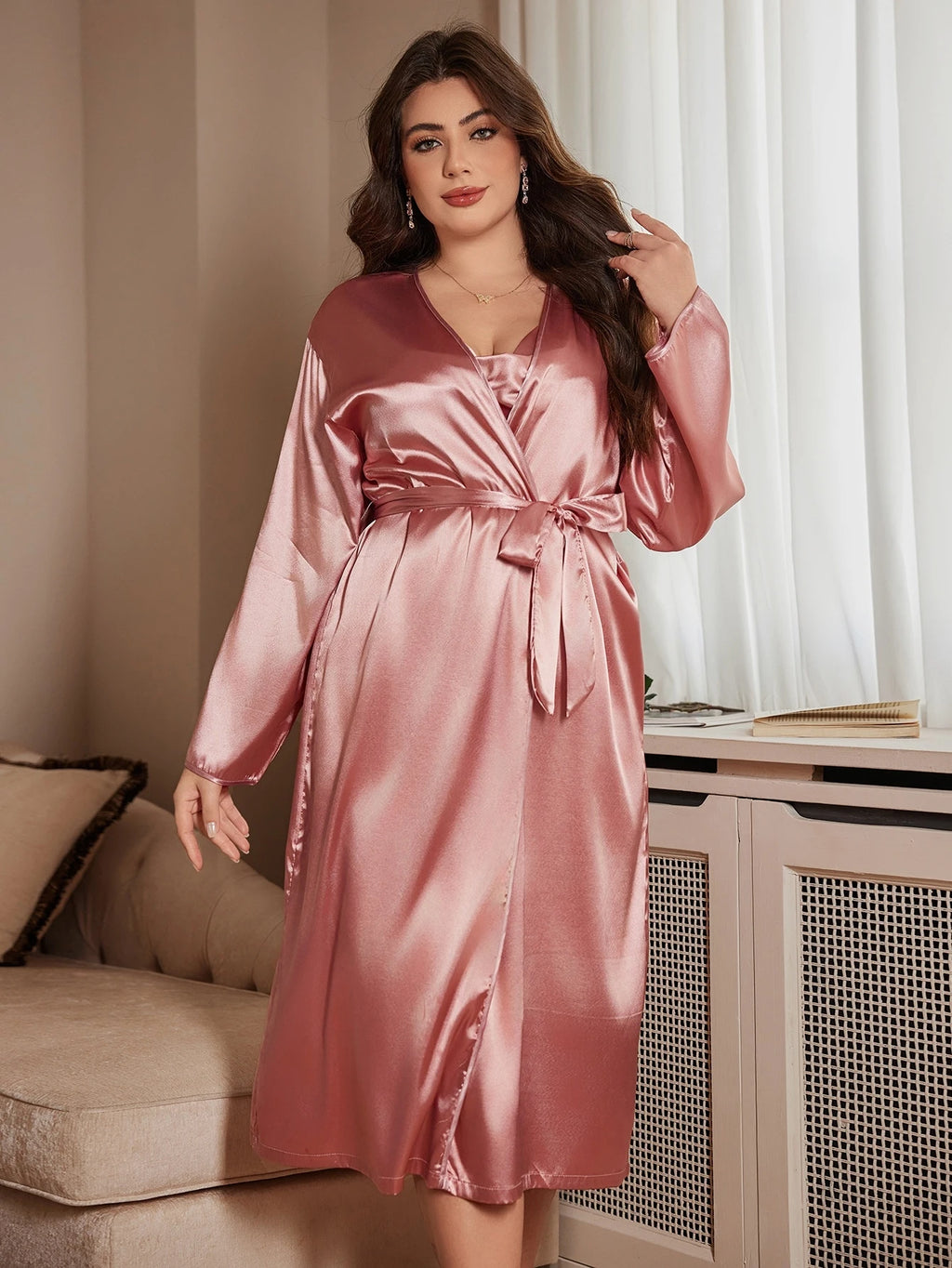 Chemise de Nuit Satin Polyester Rose Grande Taille