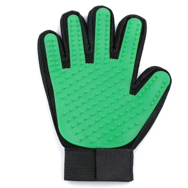 Gant de toilettage en silicone vert à picots, pour chats et chiens; bord noir et sangle ajustable