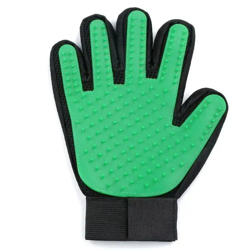 Gant de toilettage en silicone vert à picots, pour chats et chiens; bord noir et sangle ajustable