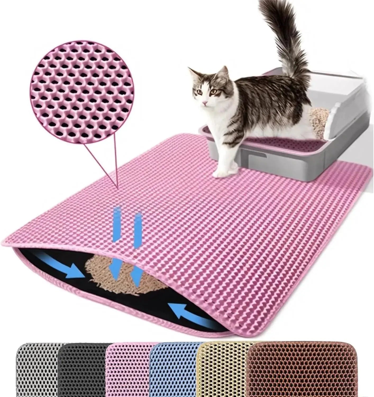 Tapis de litière pour chat rose à maillage perforé hexagonal, antidérapant et imperméable; disponible en plusieurs coloris.