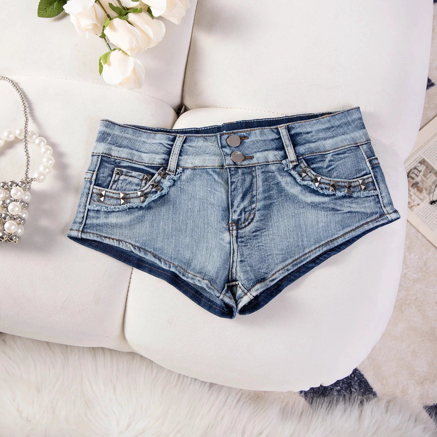 Short En Jean Femme Déchiré Taille Basse Rivets Y2K