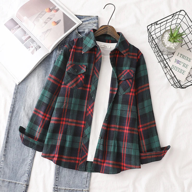 Chemise Femme Flanelle De Coton Carreaux Slim Fit Manches Longues