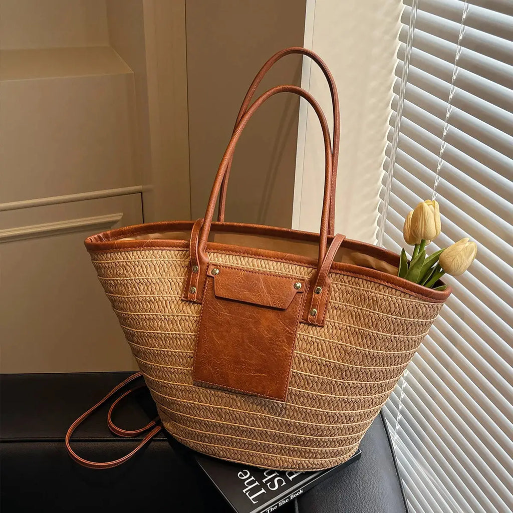 Sac cabas de plage en paille tressée
