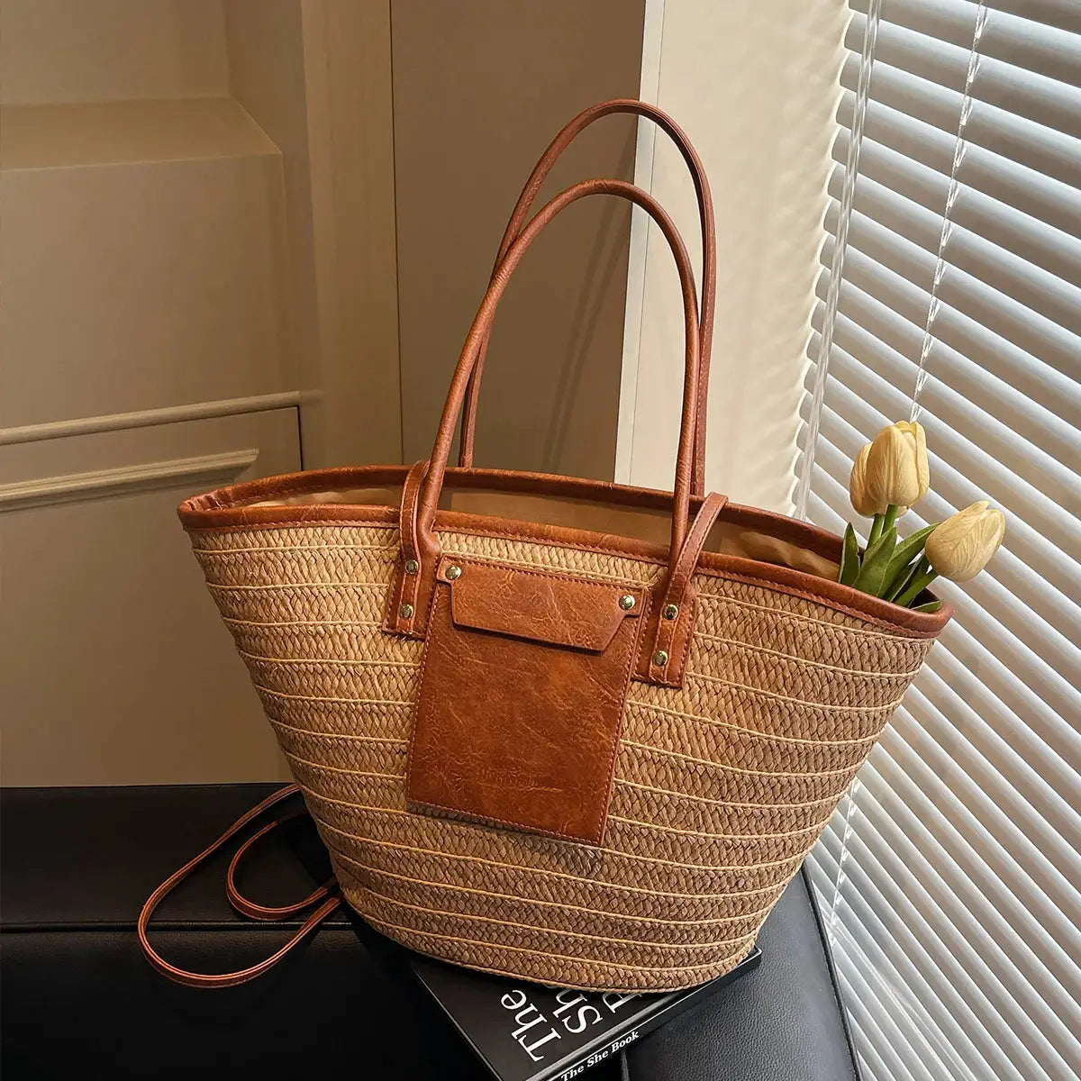 Sac cabas de plage en paille tressée