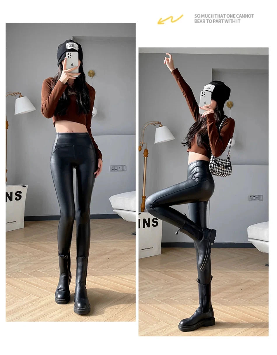 Leggings Cuir PU Noir Taille Haute Serpent