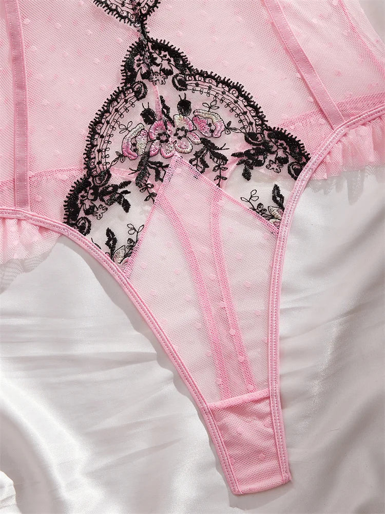 Body lingerie rose brodé fleuri – Mesh amincissant sans manches