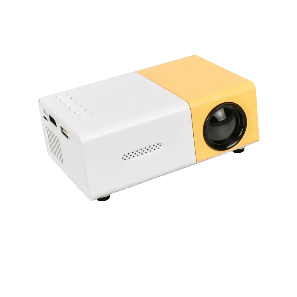 Mini projecteur LED portable Salange, corps blanc et panneau jaune, objectif noir