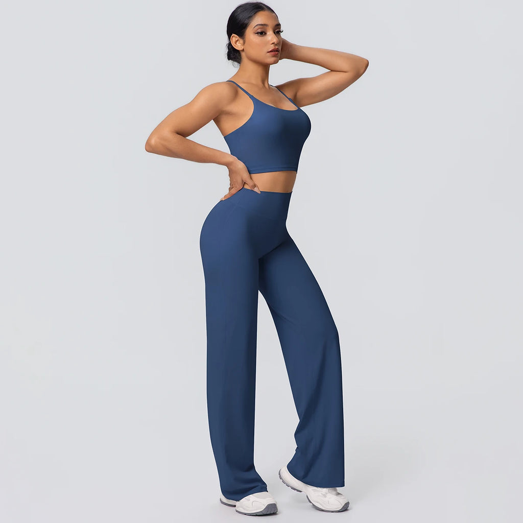 Ensemble Sport Femme Bleu Clair Dos Nu Bretelles Pantalon Taille Haute
