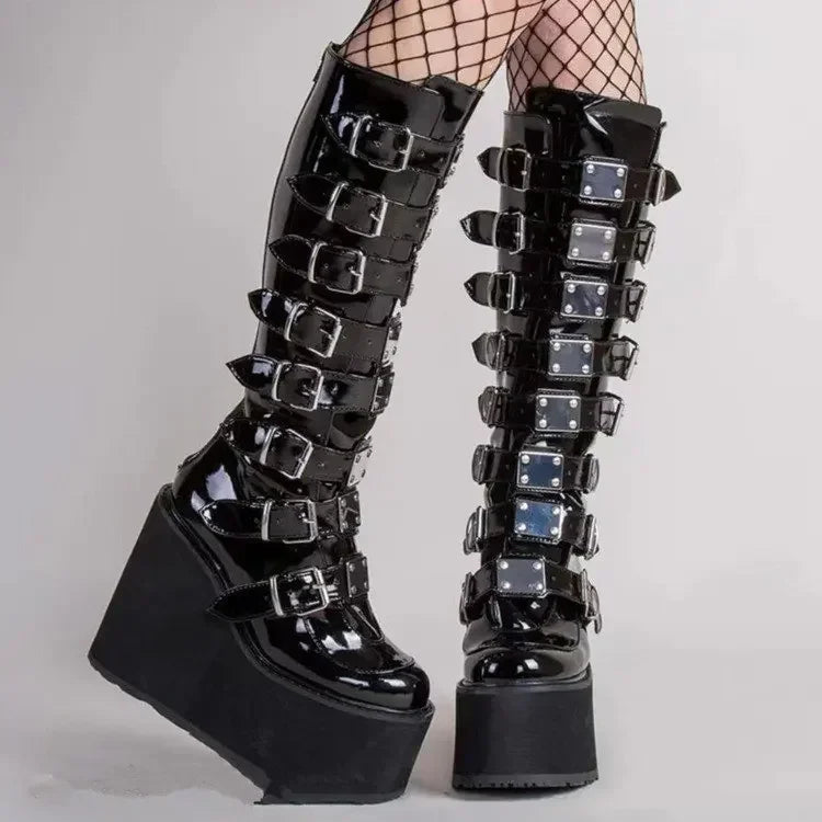 Bottes Cosplay Gothiques En Cuir À Boucles Plateforme