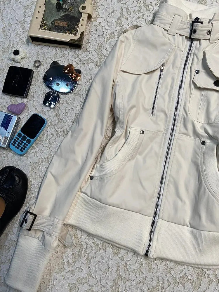 Veste Blanche À Col Montant Streetwear Zip Fermeture Zippée Polyester Non Tissé Pour Printemps Été Moderne by LSDLBoutique