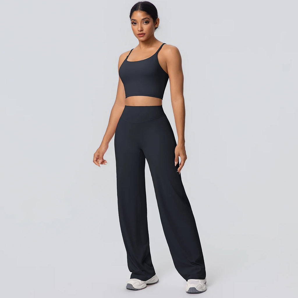Ensemble Sport Femme Bleu Clair Dos Nu Bretelles Pantalon Taille Haute