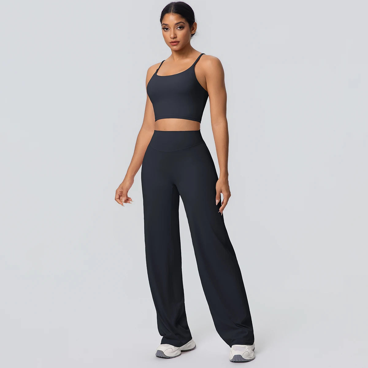 Ensemble Sport Femme Bleu Clair Dos Nu Bretelles Pantalon Taille Haute