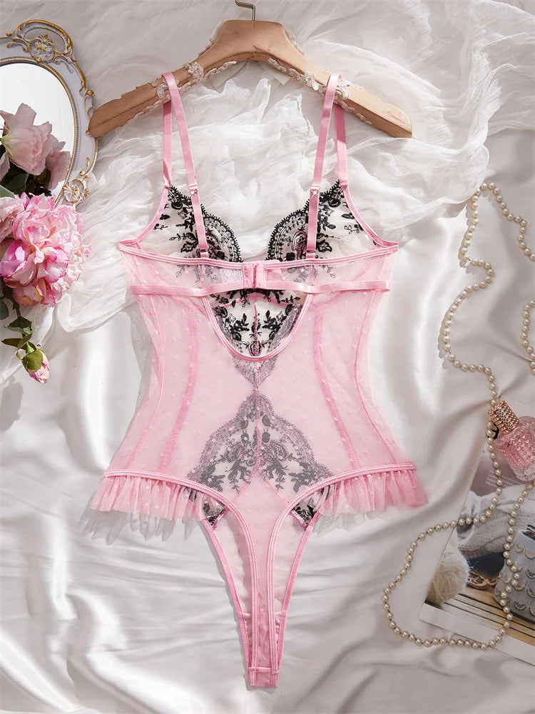 Body lingerie rose brodé fleuri – Mesh amincissant sans manches