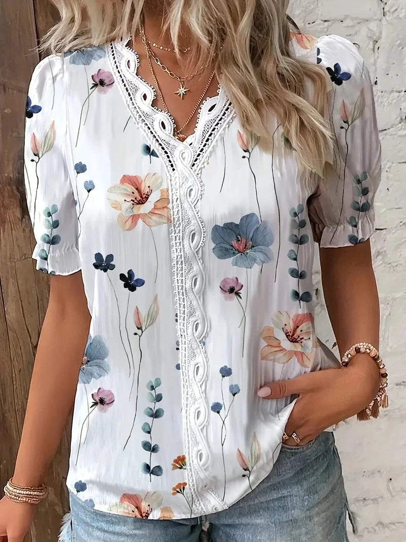 Chemise Décontractée Col V Ajourée Jacquard Floral Été