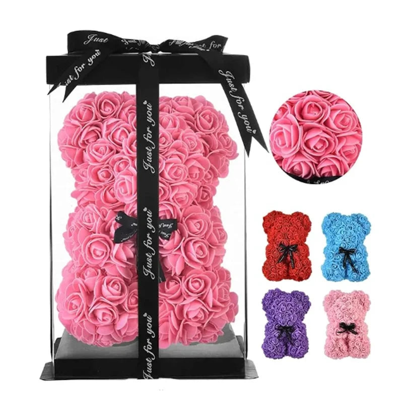 Ourson en roses éternelles avec boîte – 25 cm