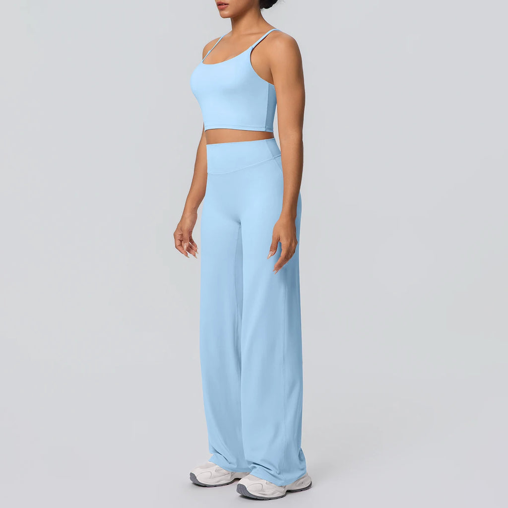 Ensemble Sport Femme Bleu Clair Dos Nu Bretelles Pantalon Taille Haute
