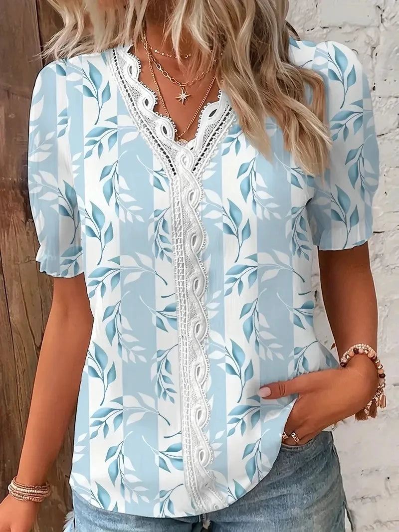 Chemise Décontractée Col V Ajourée Jacquard Floral Été