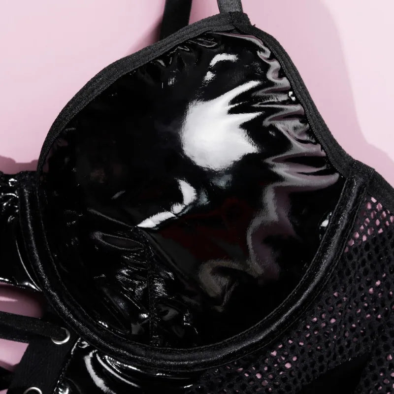 Tornova Lingerie Bustier Et Culotte Noire Patchwork PU Lacets Maille