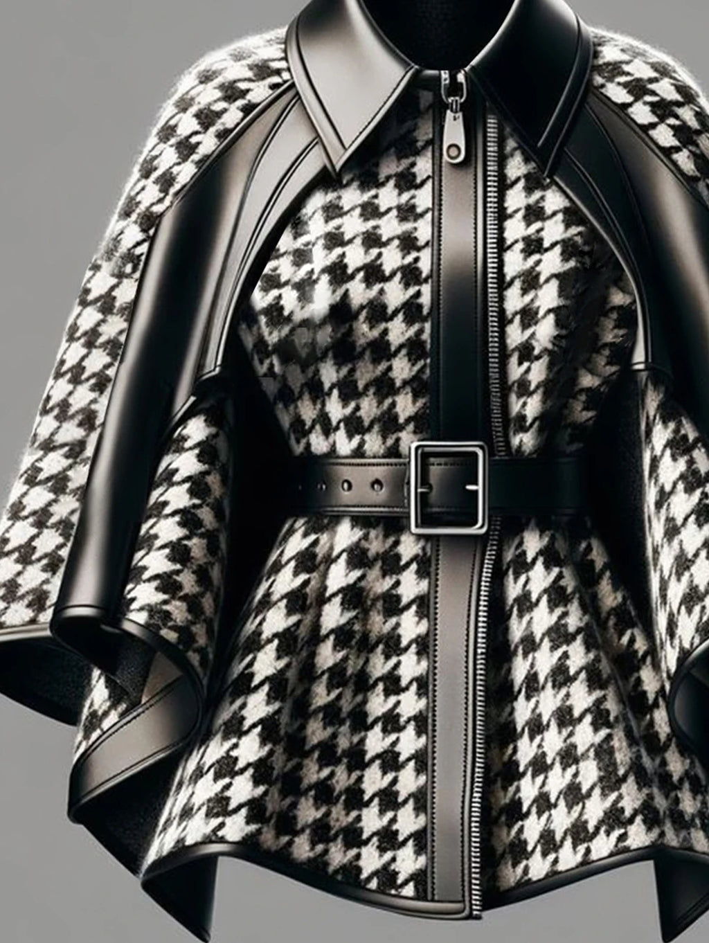 Veste Femme Pied-De-Poule Cape Asymétrique Zip Harajuku Style