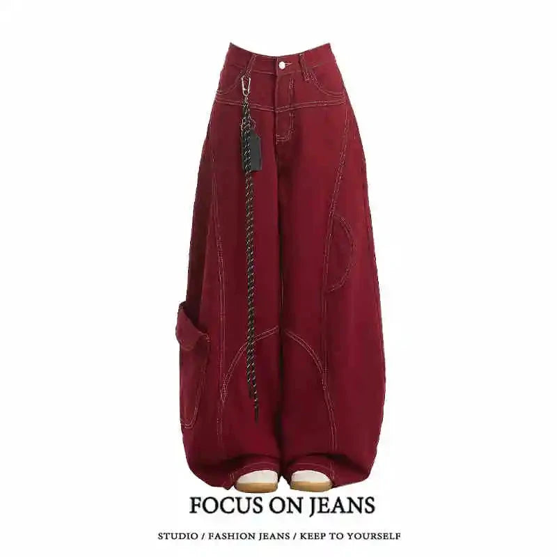 Jean Harajuku Baggy Y2K Rouge Taille Haute Unisexe