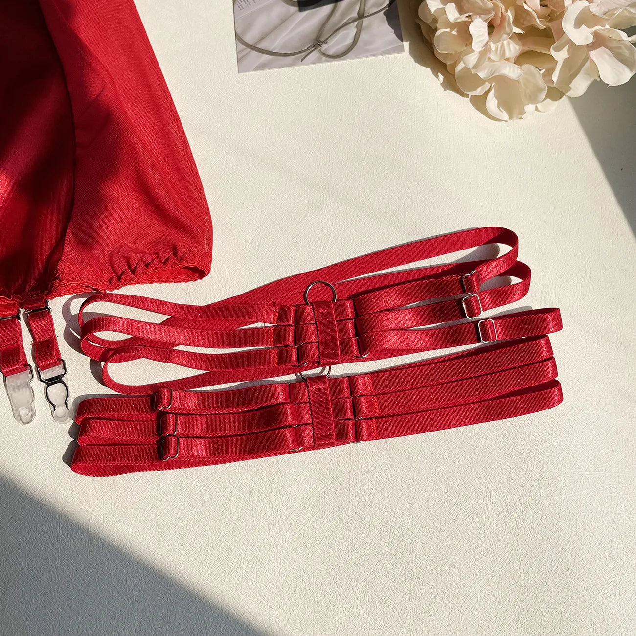 Ellolace Lingerie Satin Fin Dentelle Rouge 5Pièces