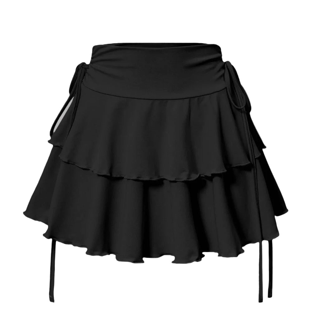 Jupe courte évasée à taille haute Cherry Aka noire, double volants et liens latéraux