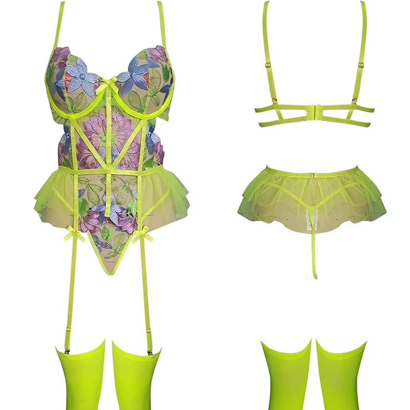 Toucheart Ensemble Lingerie Soutien-Gorge Brodé Dos Nu Jaune Néon