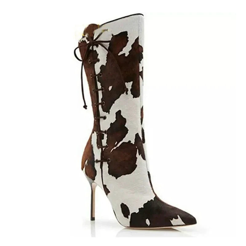 Bottes Mi-Mollet Cuir Blanc Noir Zip Latéral Bleu