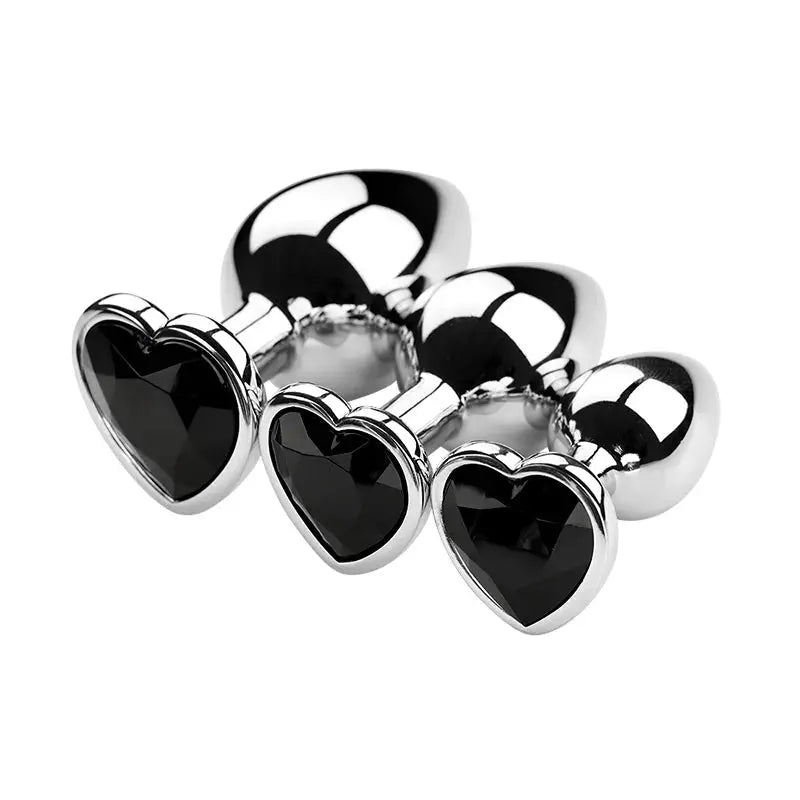 Plug anal en métal avec cristal cœur noir, set de 3 tailles LSDLBoutique