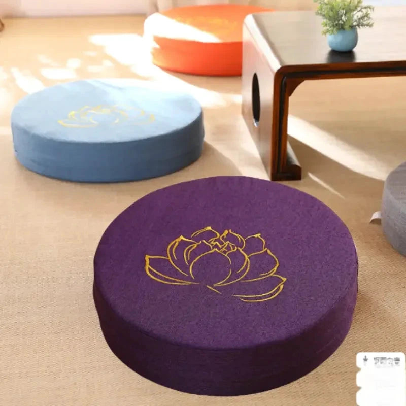 Coussin Méditation Lin Yoga 40x6 cm Motif Lotus Doré Violet