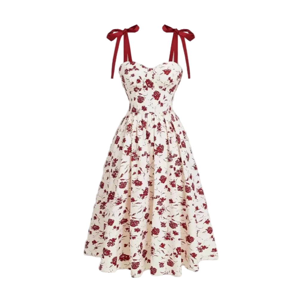 Robe mi-mollet imprimé floral crème à bretelles fines avec nœuds rouges LSDLBoutique