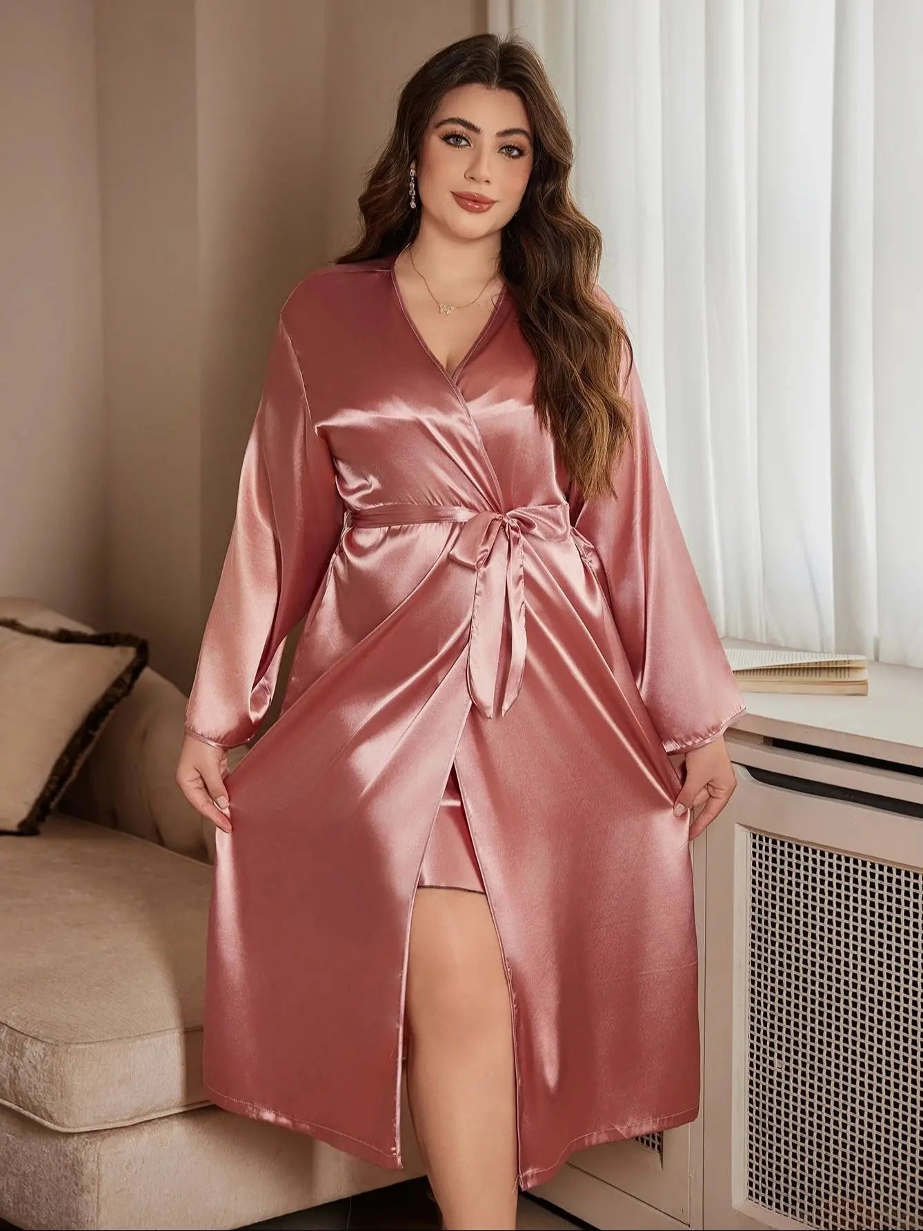 Chemise de Nuit Satin Polyester Rose Grande Taille
