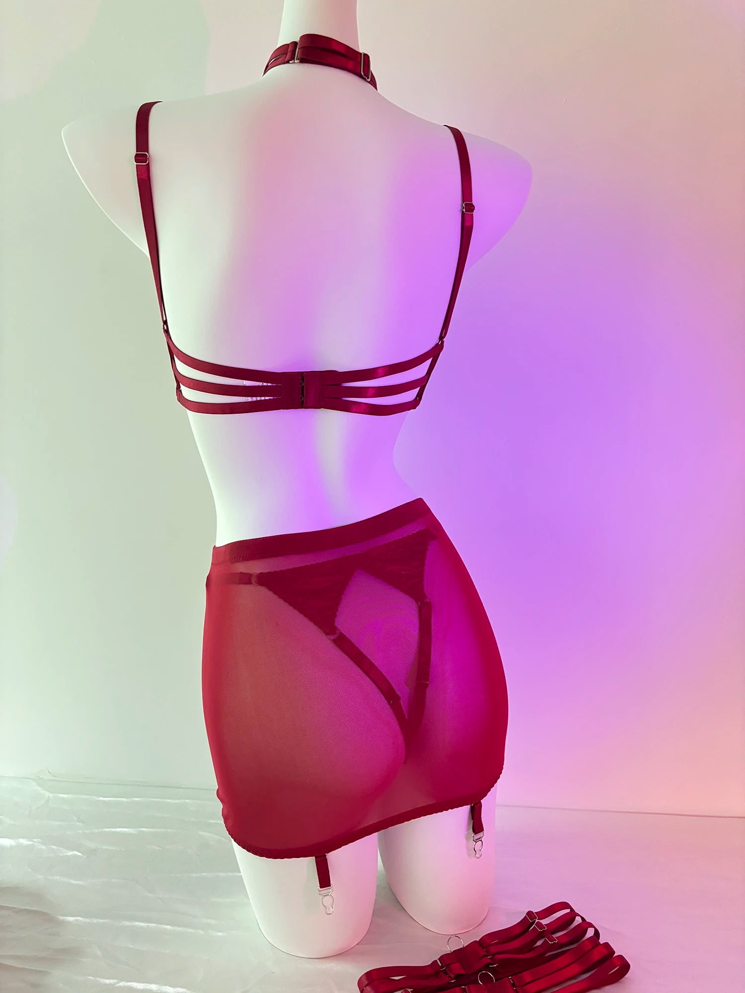 Ellolace Lingerie Satin Fin Dentelle Rouge 5Pièces