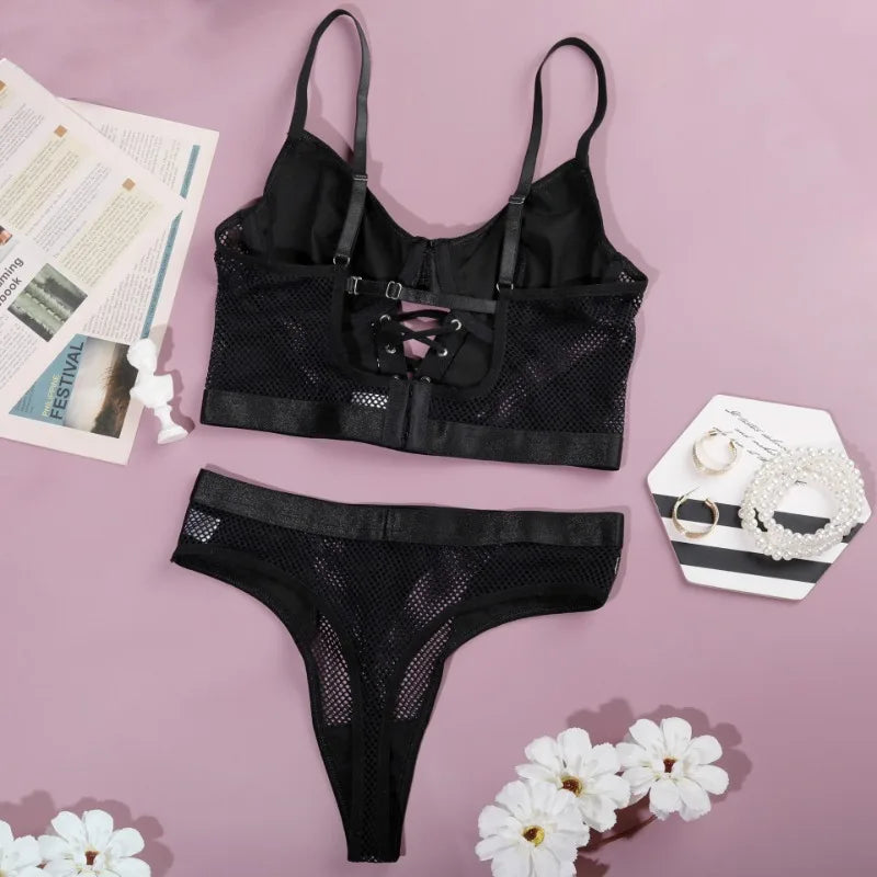 Tornova Lingerie Bustier Et Culotte Noire Patchwork PU Lacets Maille