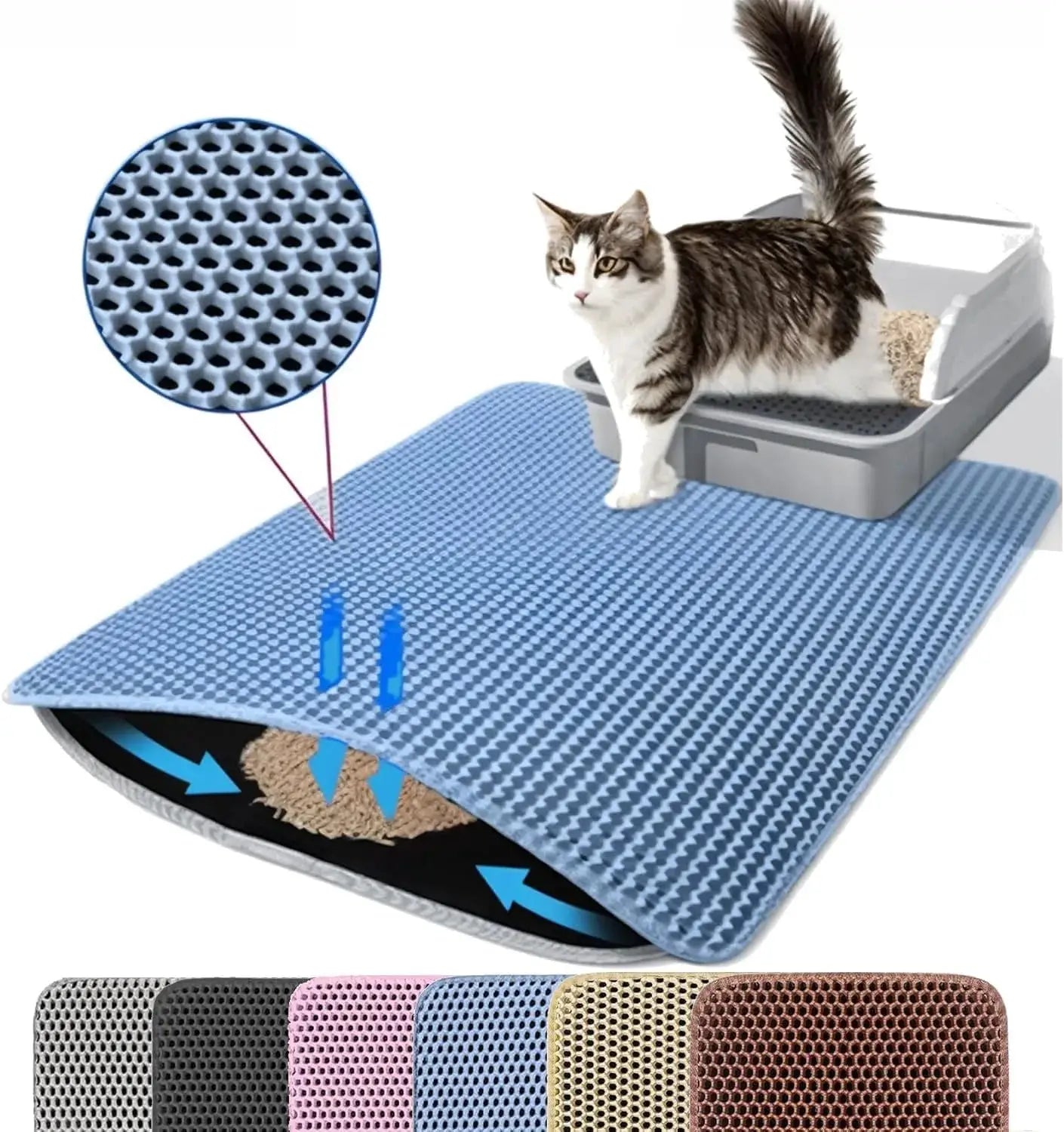 Tapis de litière pour chat LSDLBoutique bleu – double couche antidérapante, surface perforée