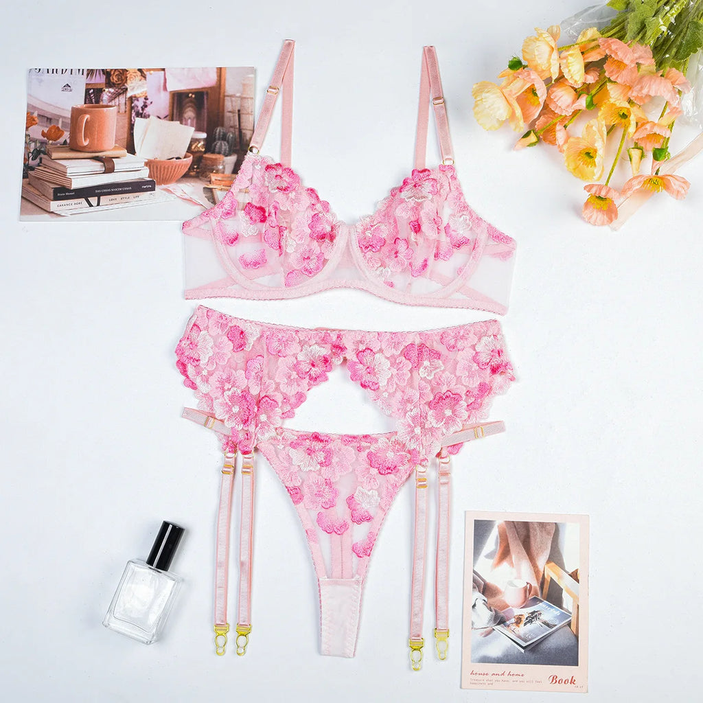 Floral Lace Lingerie Set — Bra, Thong & Garter Belt
