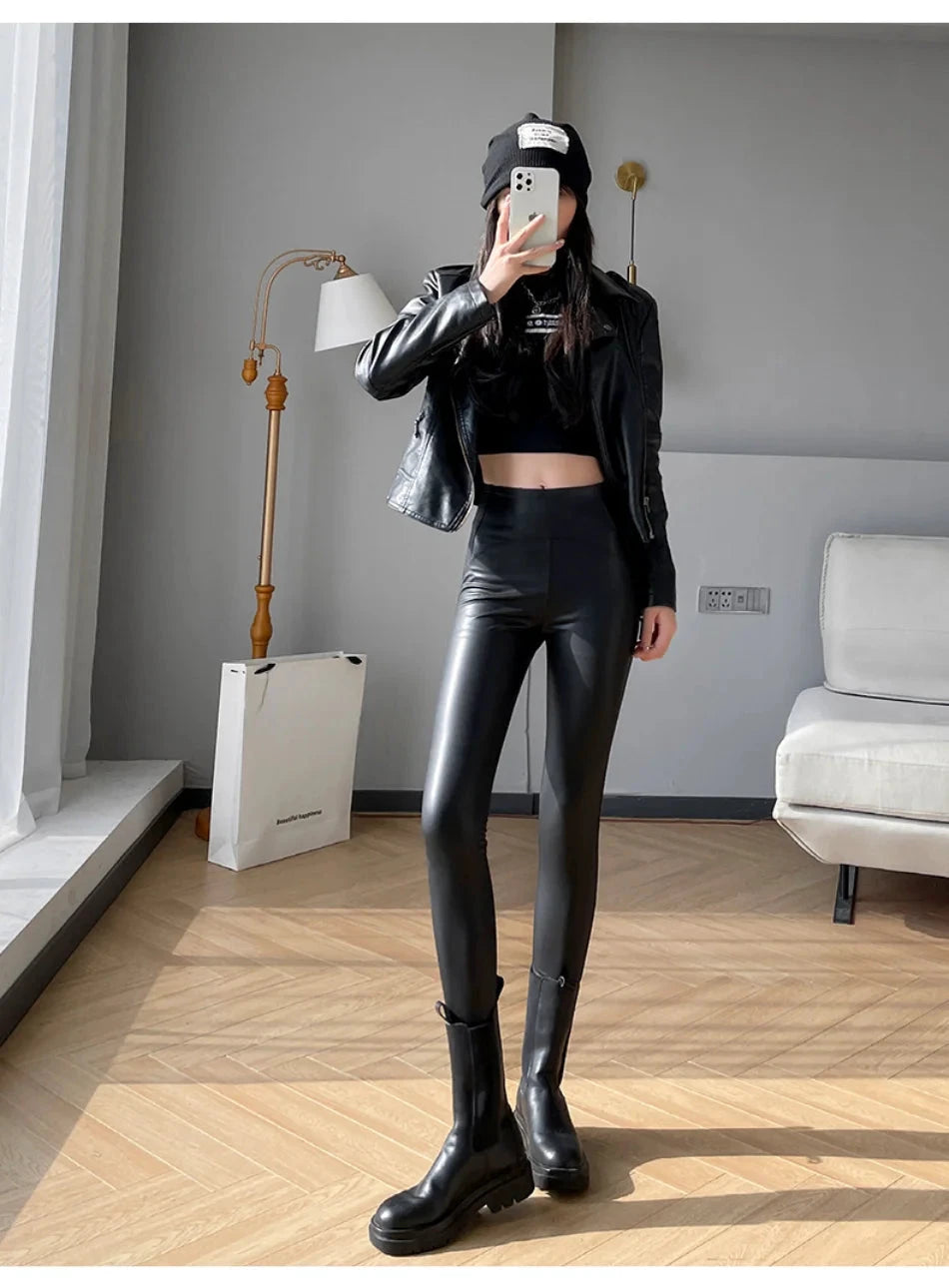 Leggings Cuir PU Noir Taille Haute Serpent
