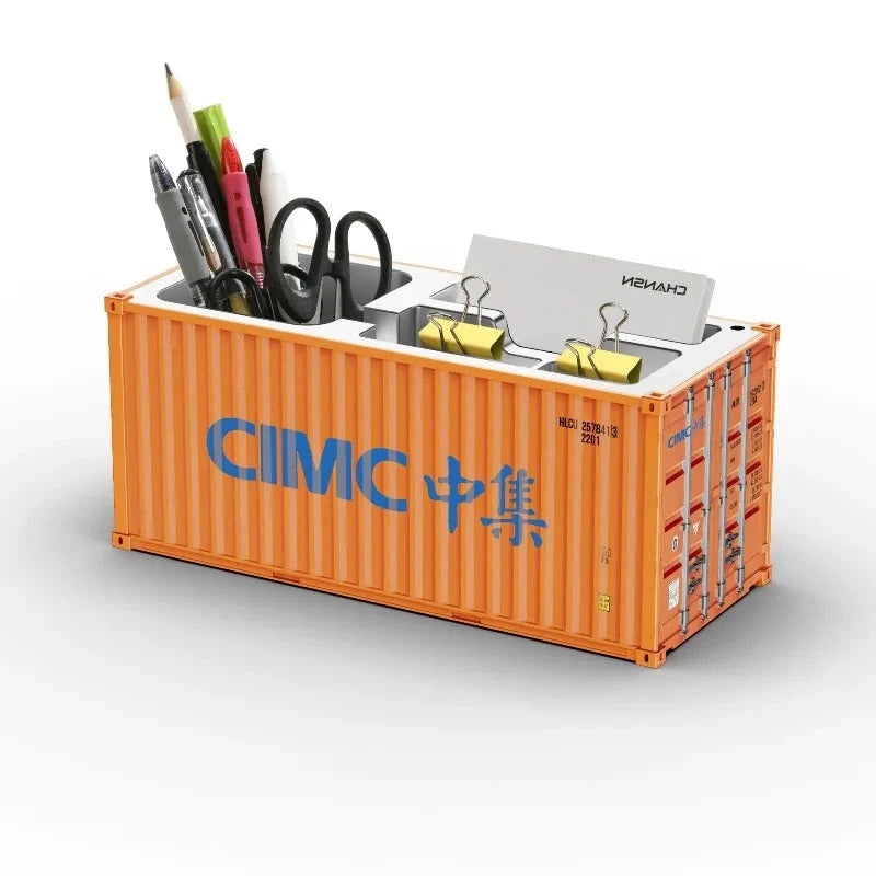 Porte-stylos orange en conteneur CIMC, organisateur de bureau métallique avec emplacements pour stylos et ciseaux.