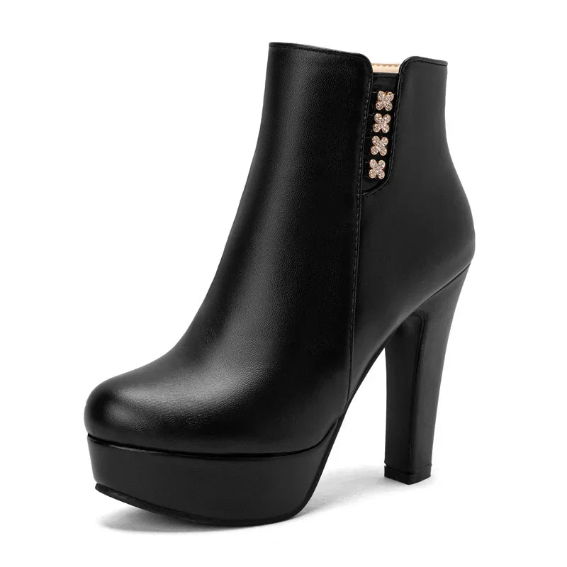 Bottines Femme Cristal Fleur Talons Hauts Zip Pour Hiver