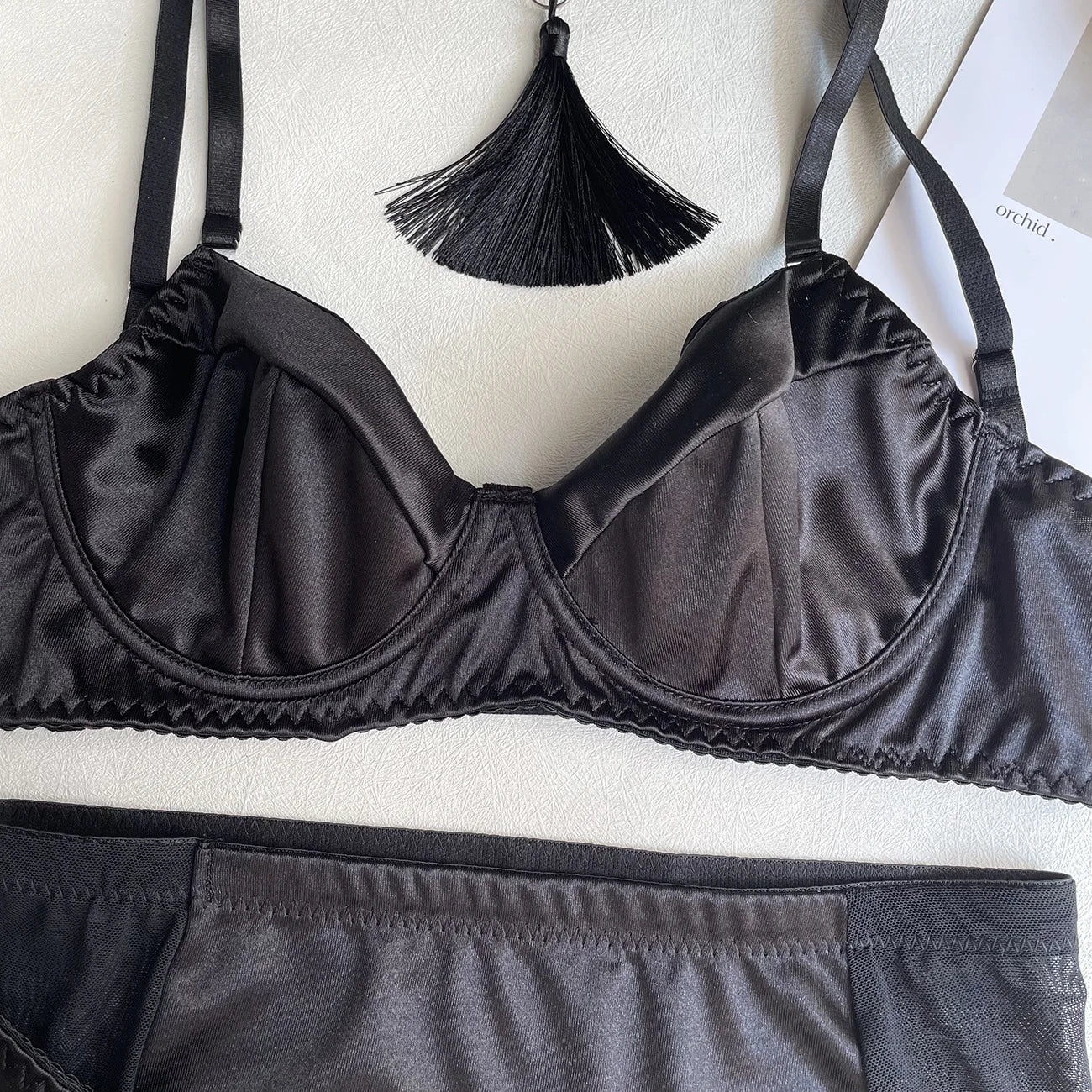 Ellolace Lingerie Satin Fin Dentelle Rouge 5Pièces