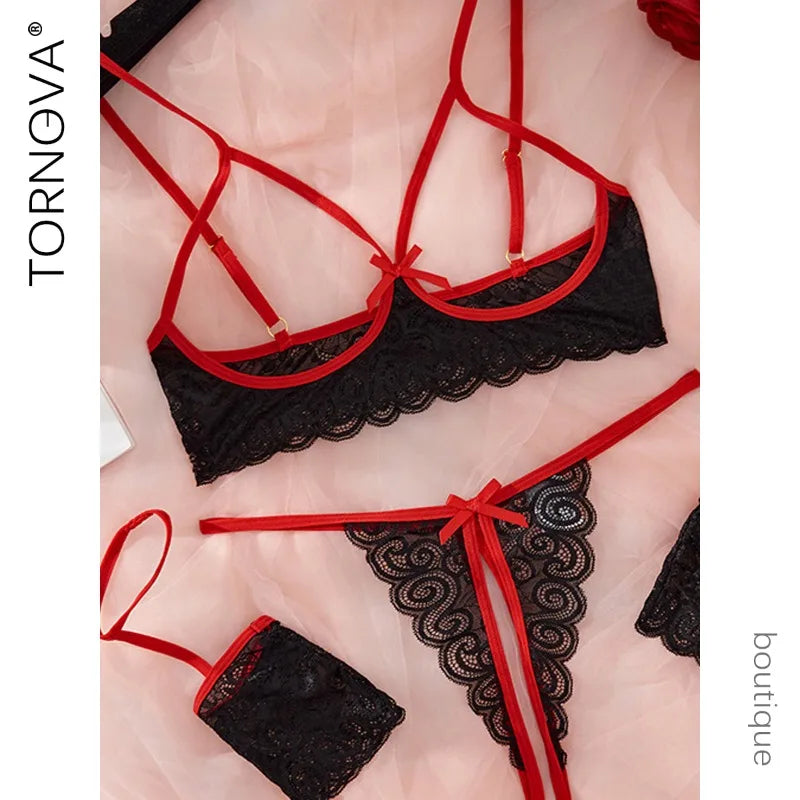Tornova Lingerie Dentelle Noeud Papillon Jarretières Noir Rouge