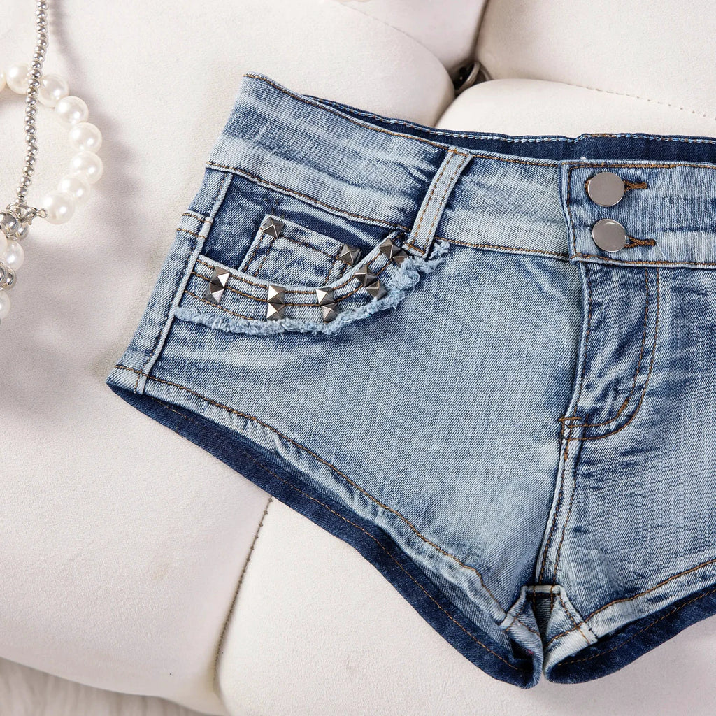 Short En Jean Femme Déchiré Taille Basse Rivets Y2K