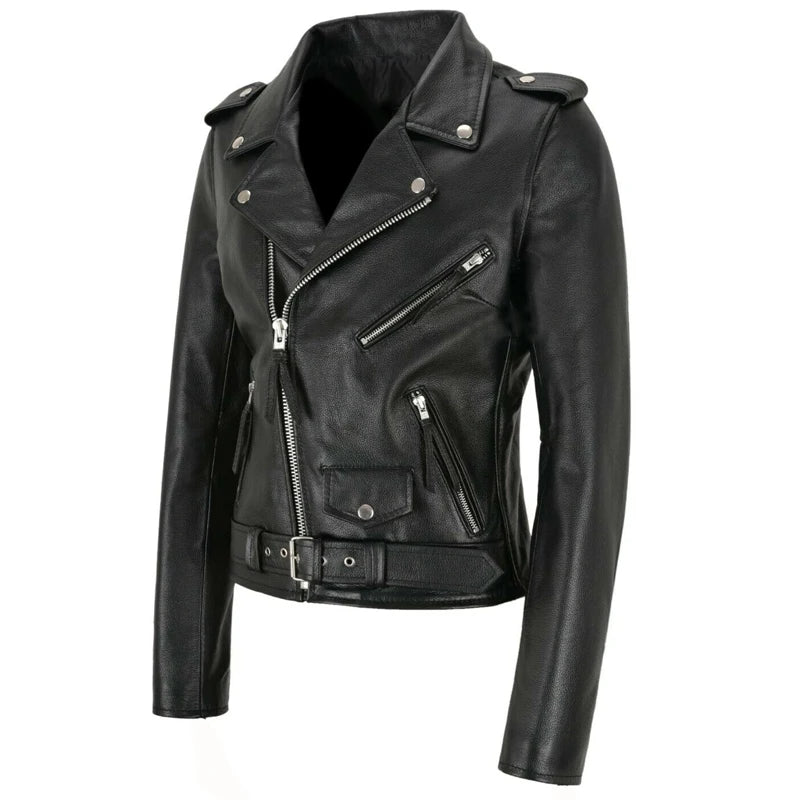Veste Moto Cuir Noire Femme Style Punk Fermeture Éclair