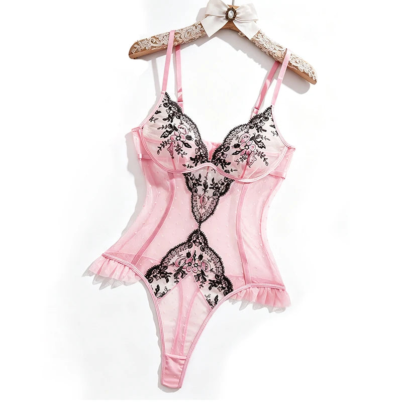 Body lingerie rose brodé fleuri – Mesh amincissant sans manches