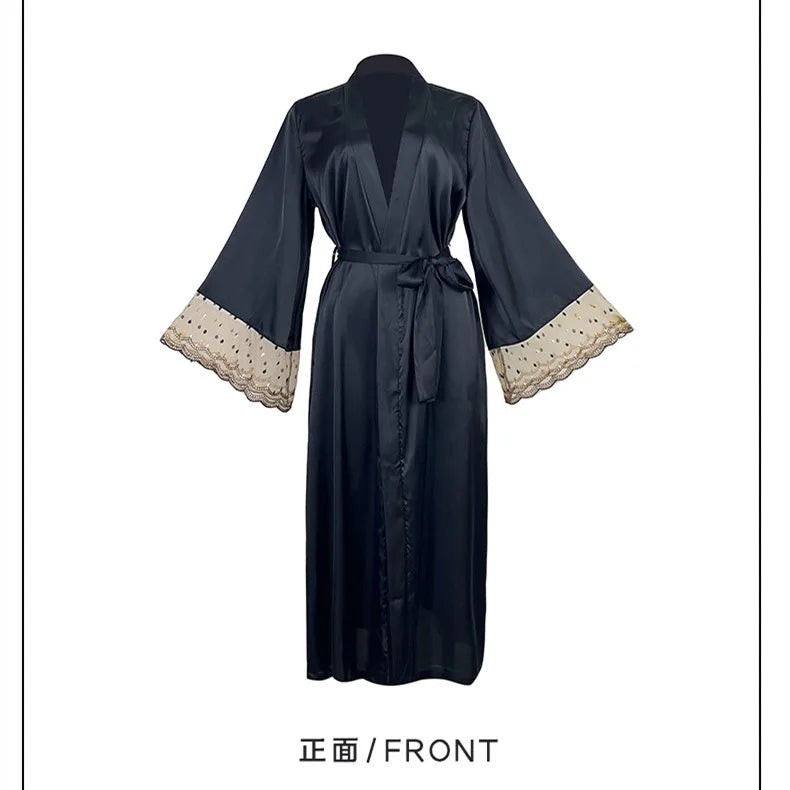 Niuniushow Robe de Nuit Satin Noir Col V Manches Longues Dentelle