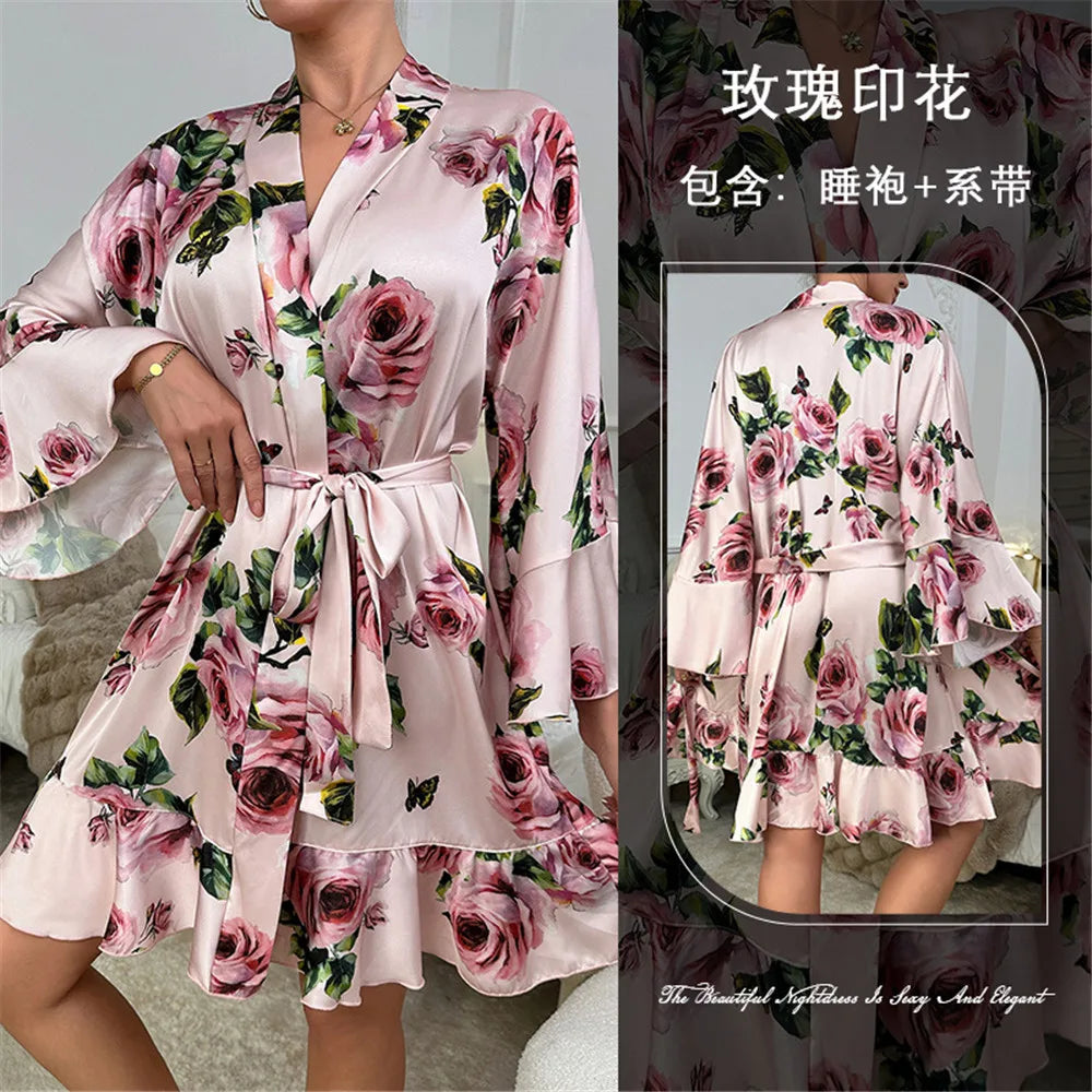 Les Secrets De Léa Robe Kimono Satin Imprimé Fleurs