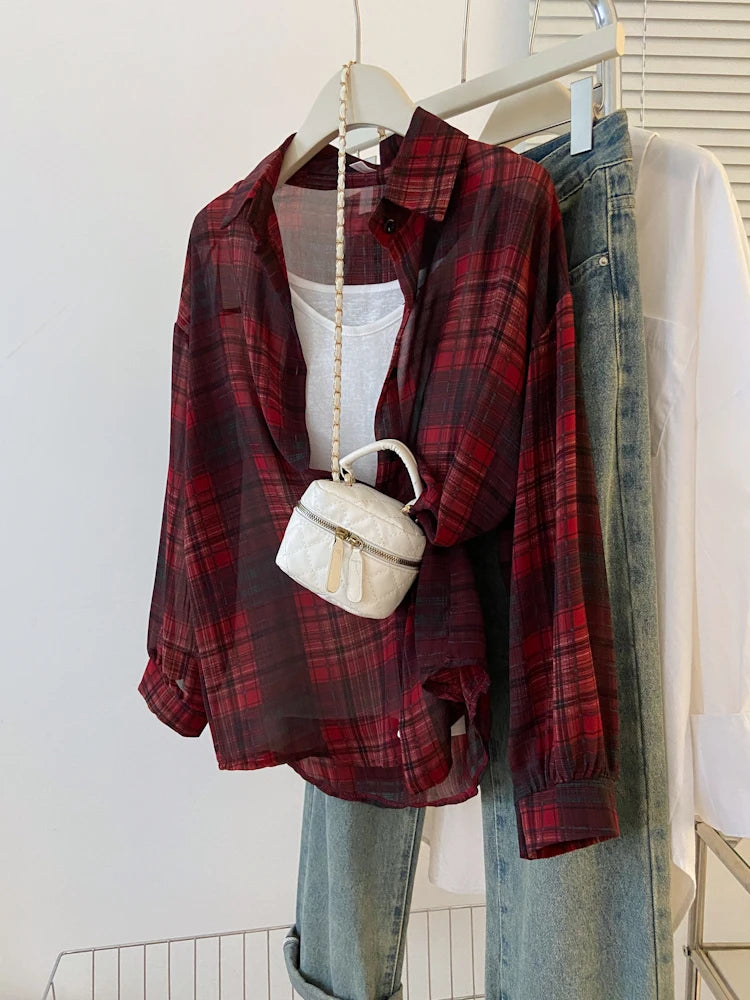 Chemise Protection Solaire À Carreaux Rouge Noir Manches Longues